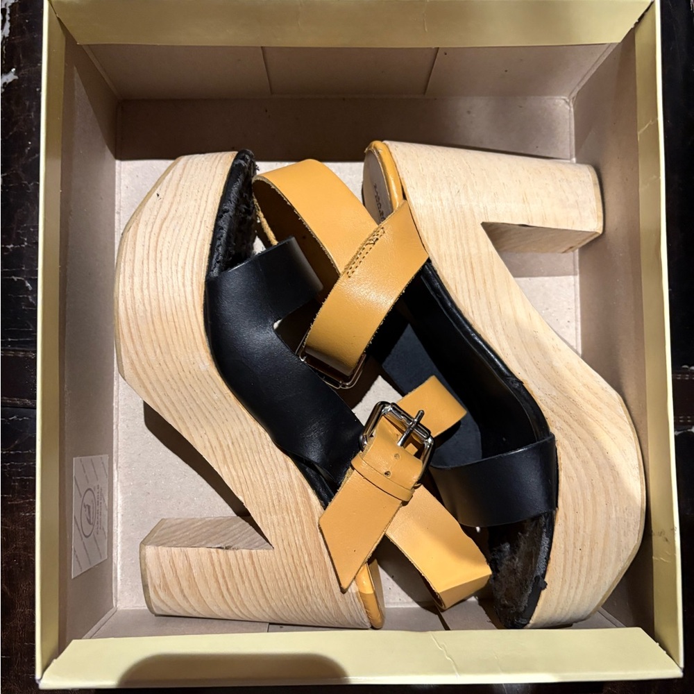 Zara wedge or platform like tall sandals 4.4 inches tall. Tan & black leather.